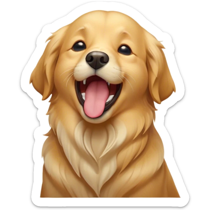 Cinematic Cute Yawning Golden Retriever Portrait Emoji, Head tilted slightly with a dramatic, wide-open yawn, revealing a silky golden coat with a subtle shimmer, floppy ears slightly drooping, round brown eyes barely open in drowsy contentment, Simplified yet irresistibly adorable features, highly detailed, glowing with a soft, cozy glow, high shine, relaxed yet expressive, stylized with a touch of whimsy, bright and endearing, soft glowing outline, capturing the essence of a sleepy yet affectionate companion, so drowsy it feels like it could stretch out of the screen and curl up for a nap! sticker