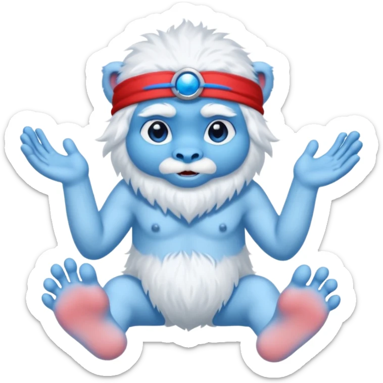 un yeti blanc avec des main et pied bleu et son nez bleu aussi , il a aussi els yeux bleux , et porte un bandeau rouge  sticker