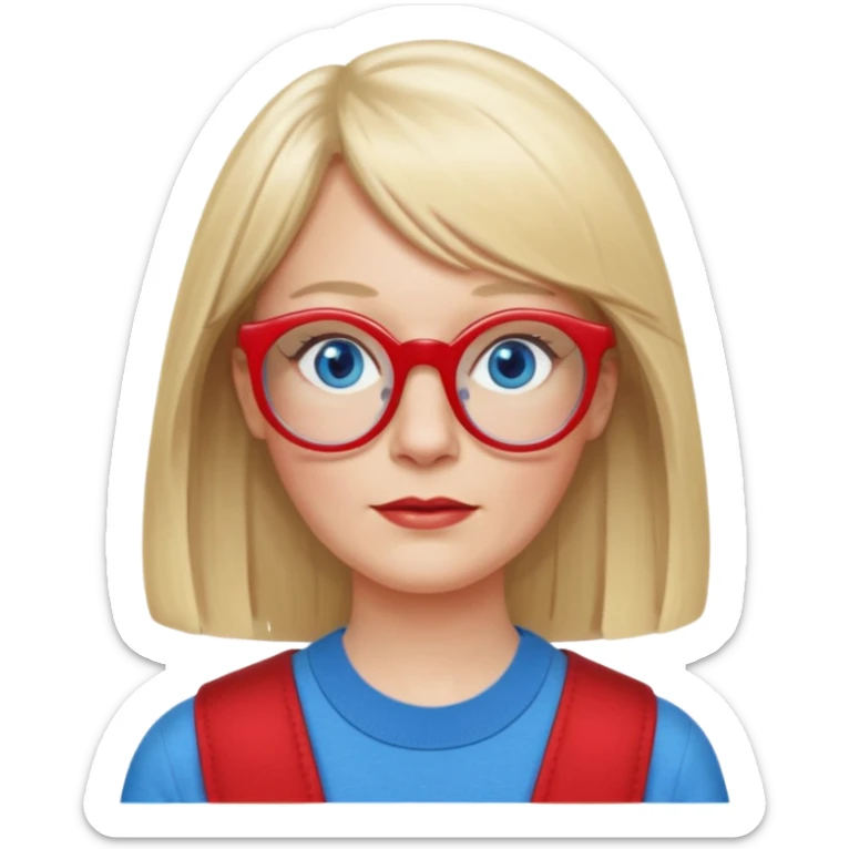 50 yr old white woman, pale skin, long straight blond hair parted in center, blue eyes, bangs, clothes for school, big red glasses, oval face,  sticker