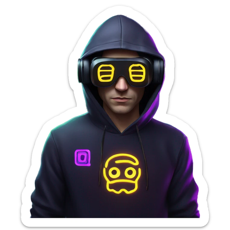 Russian man wearing a black hoodie with "OMG" letters on it and VR headset in a cyberpunk VR environment with violet neon lighting. sticker