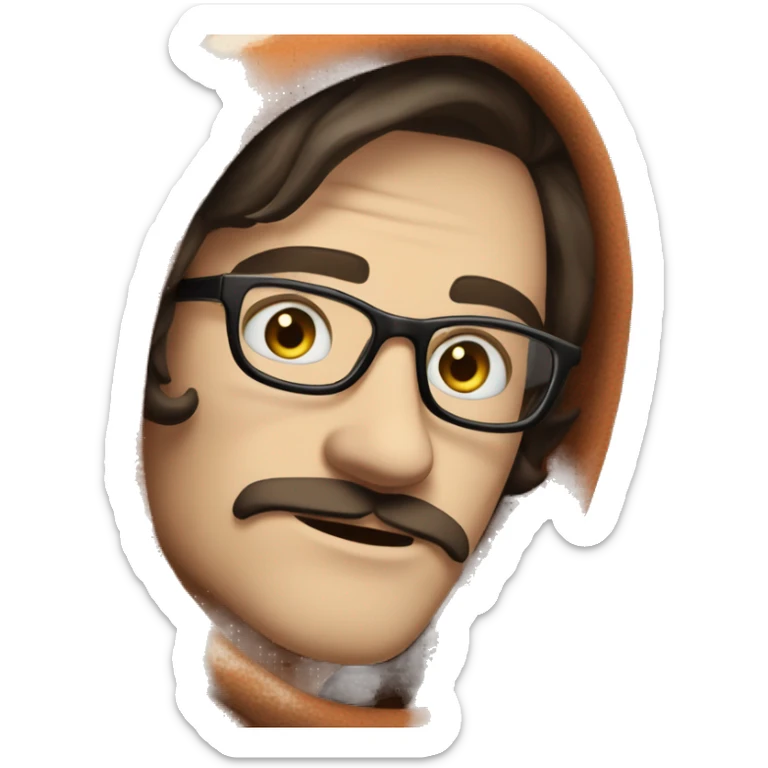Pale Guy, dark brown narrow hair, moustache and soul patch under mouth, blue eyes, round glasses, covered in blanket sticker