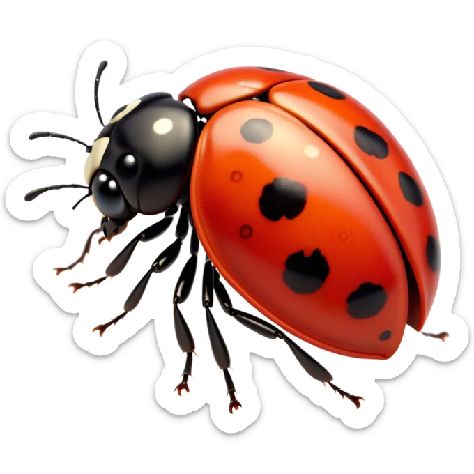 Cinematic Cute Ladybug Portrait Emoji, Head tilted playfully and inquisitively, featuring a diminutive, adorable form with a glossy red shell dotted with playful black spots and round, sparkling eyes full of gentle mischief, Simplified yet irresistibly adorable features, highly detailed, glowing with a warm, inviting glow, high shine, affectionate and lively, stylized with a touch of whimsical garden charm, soft glowing outline, capturing the essence of a mischievous ladybug that seems as if it could flutter out of the screen into your arms! sticker