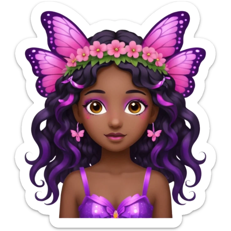 Black girl fairy with long wavy black hair, pink and purplered butterfly wings sparkly sticker