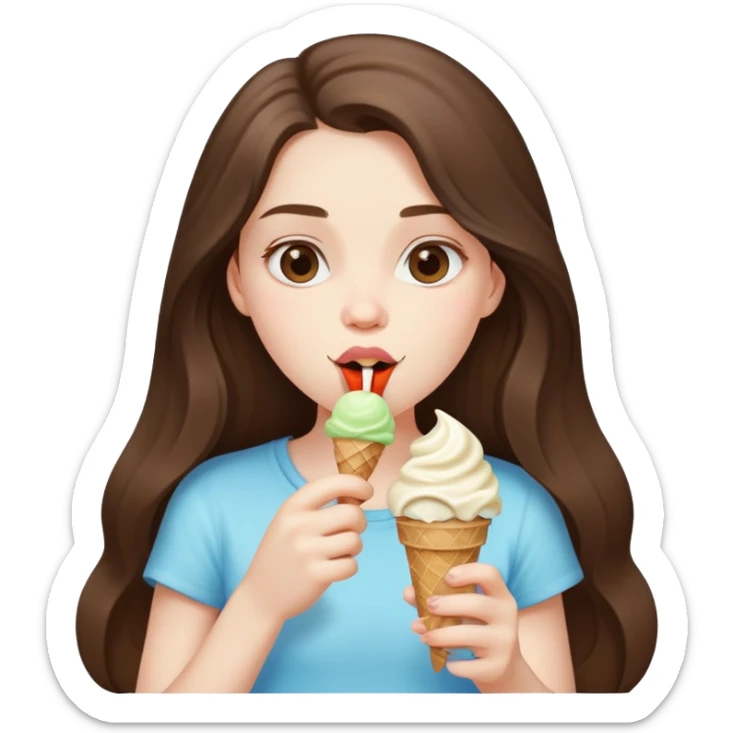 beautiful pale brunette girl with long hair eating an ice cream sticker