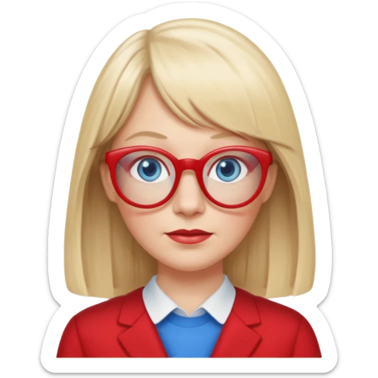 45 yr old white woman, pale skin, long straight blond hair parted in center, blue eyes, bangs, clothes for school, big red glasses, oval face sticker
