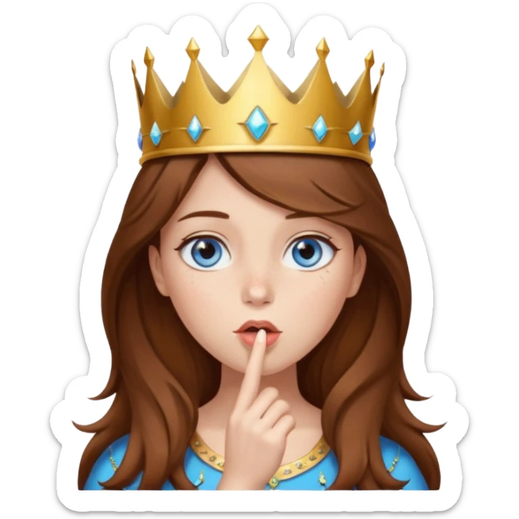 a girl with brown hair, blue eyes and freckles, who wears a crown and is blowing a kiss sticker