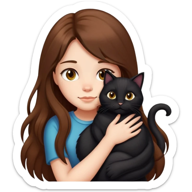 A girl with long brown hair hugs a long-haired fat black cat sticker