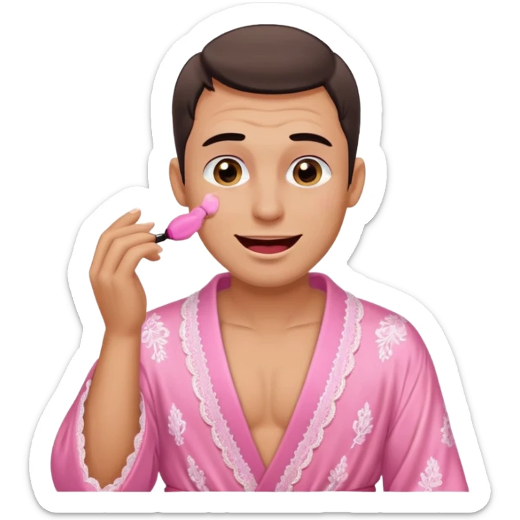 male getting sissified in lingerie by his smug wife. the wife is crying with laughter. she is doing the males makeup sticker