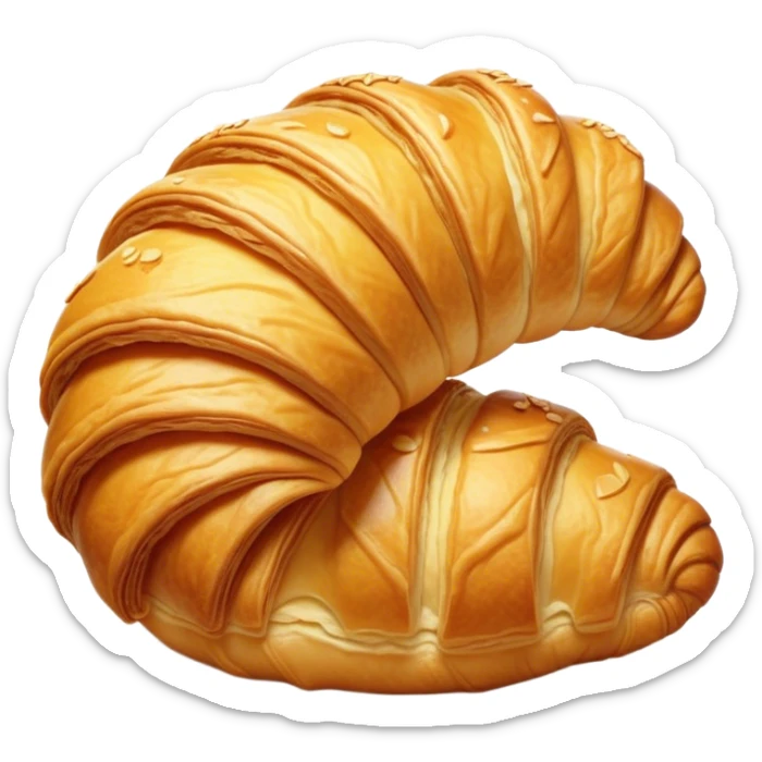 Cinematic golden croissant, perfectly flaky with crisp layers, slightly cracked to reveal buttery soft interior, warm golden glow, highly detailed and inviting. sticker