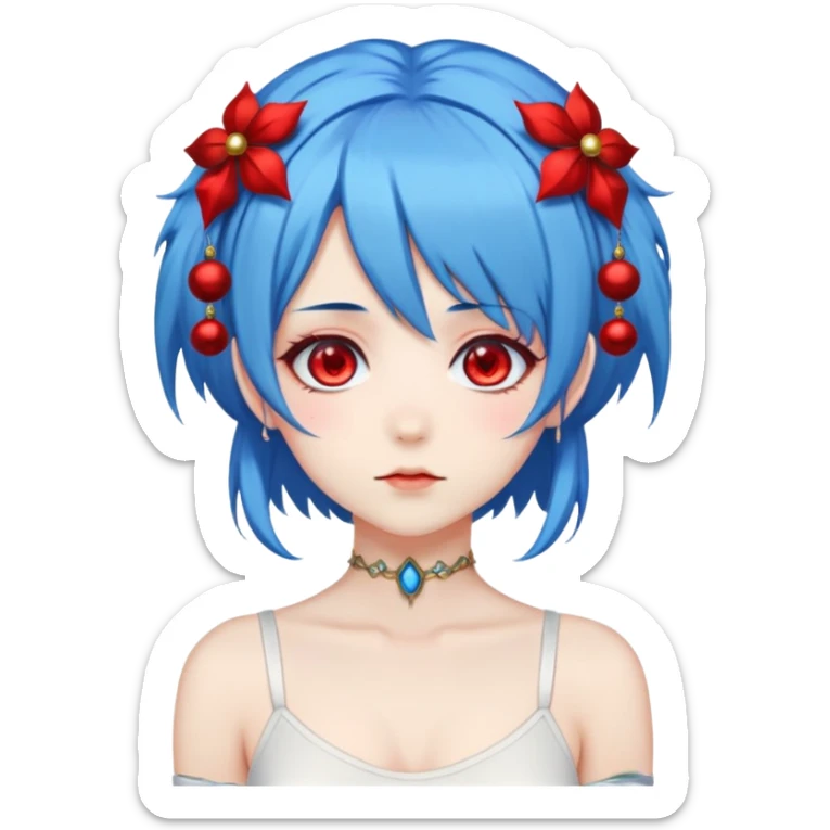 blue haired anime girl with red eyes, two dangly thangs on her head and a white bodysuit sticker