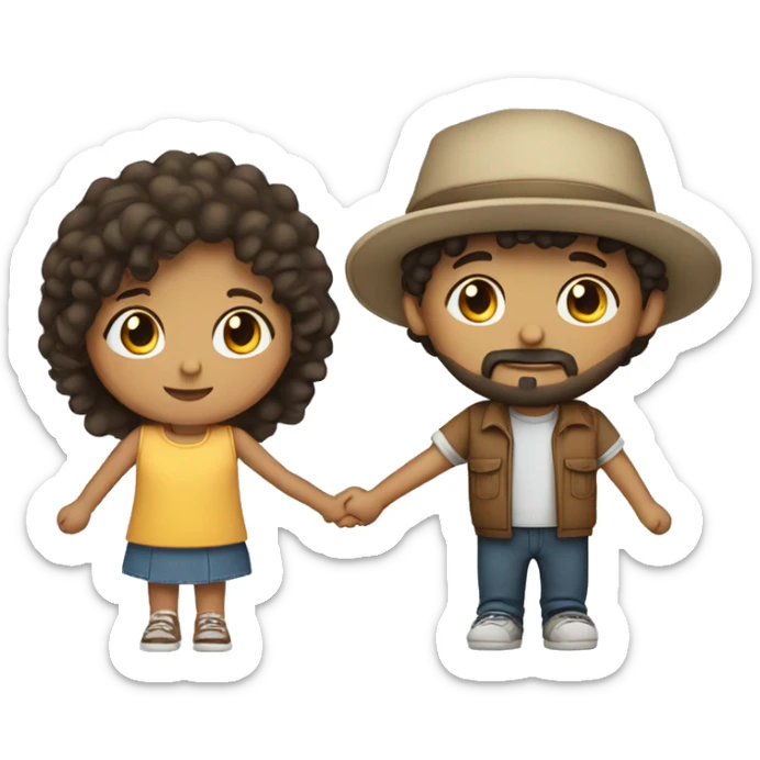 a Hispanic girl with curly hair and an Hispanic boy with a beard and a cap facing backwards, both holding hands sticker