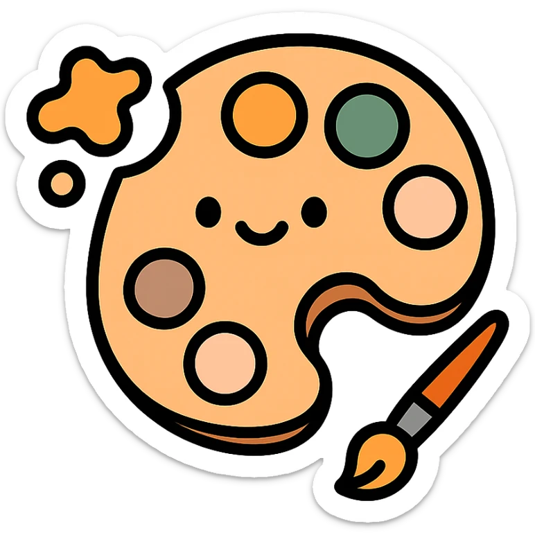 A cute and charming artist’s paint palette with dabs of paint in a warm, cozy color scheme: golden orange (FA9B41), deep forest green (4A7C5C), muted taupe brown (96775A), and pastel peach (FFCC9A). The wooden palette has a soft, rounded shape with a smooth finish, and the paint blobs are arranged neatly like little candy drops. Some splashes of color are playfully smeared nearby, and a tiny paintbrush rests beside the palette. The overall mood is light, artistic, and whimsical, with soft lighting and a gentle, creative atmosphere — perfect for a dreamy, storybook-style illustration. sticker