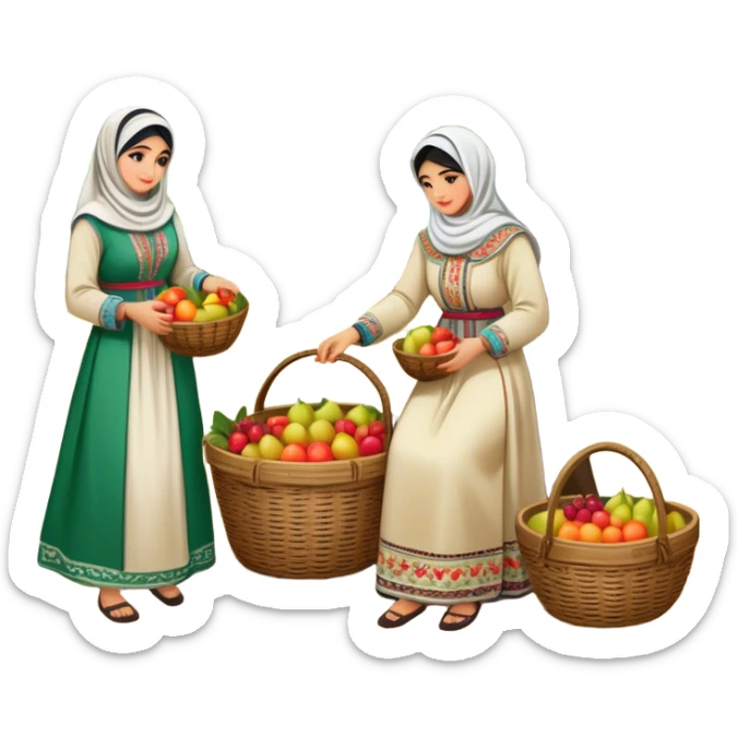 A nostalgic and culturally rich scene of Palestinian women dressed in traditional embroidered thobes harvesting fruit in an orchard. Their vibrant and intricately designed dresses reflect deep heritage, while their coordinated efforts collecting fruit in a woven basket sticker