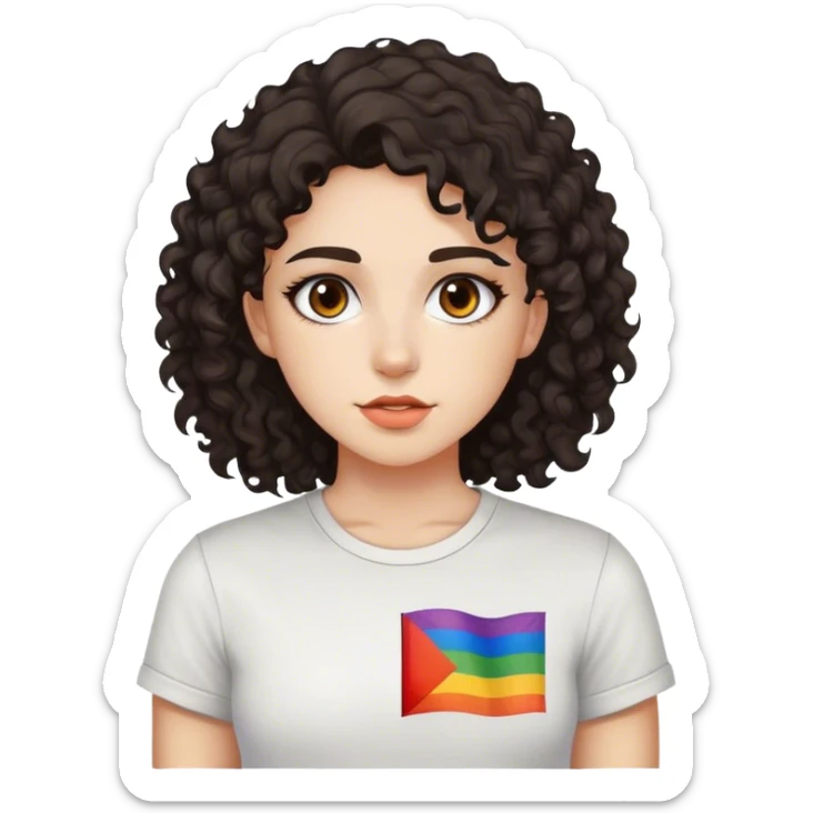 garota de pele branca, de cabelo cacheado escuro, olhos castanho escuro, blusa com uma bandeira lesbica estampada sticker