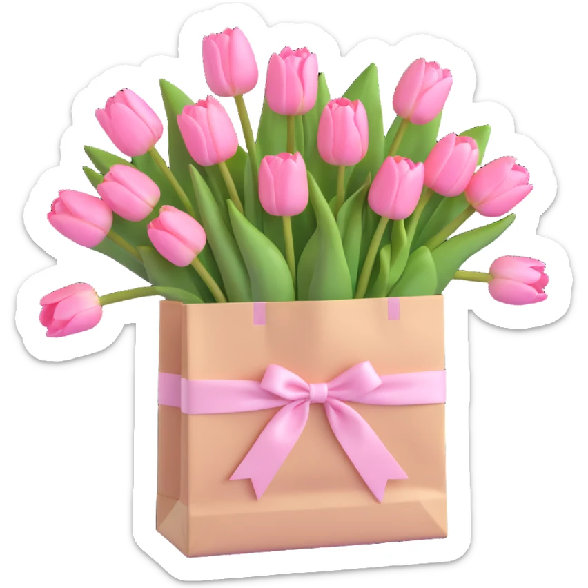 a bunch of light pink tulips arranged in a white paper bag with a soft pink ribbon, pastel tones, gentle shadows, minimal look, 3D iOS emoji style sticker