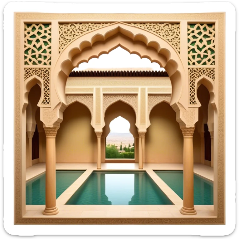 Alhambra – Cinematic Realistic Alhambra, depicted as a majestic Moorish palace with intricately carved arches, lush courtyards, and detailed tile work, bathed in soft golden light and dynamic shadows that highlight its opulent historical beauty. sticker