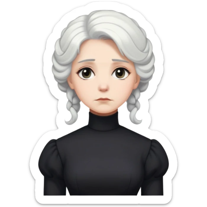 A Victorian woman with elegant coiffed white hair wearing a modest black turtleneck mourning dress with a forlorn expression sticker
