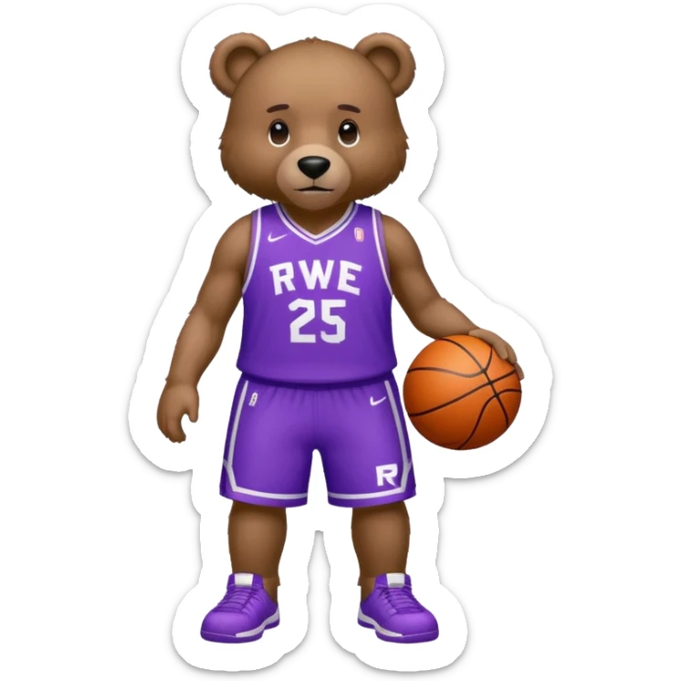 Bear with full body and wearing basketball white and purple jersey that says RWE  sticker