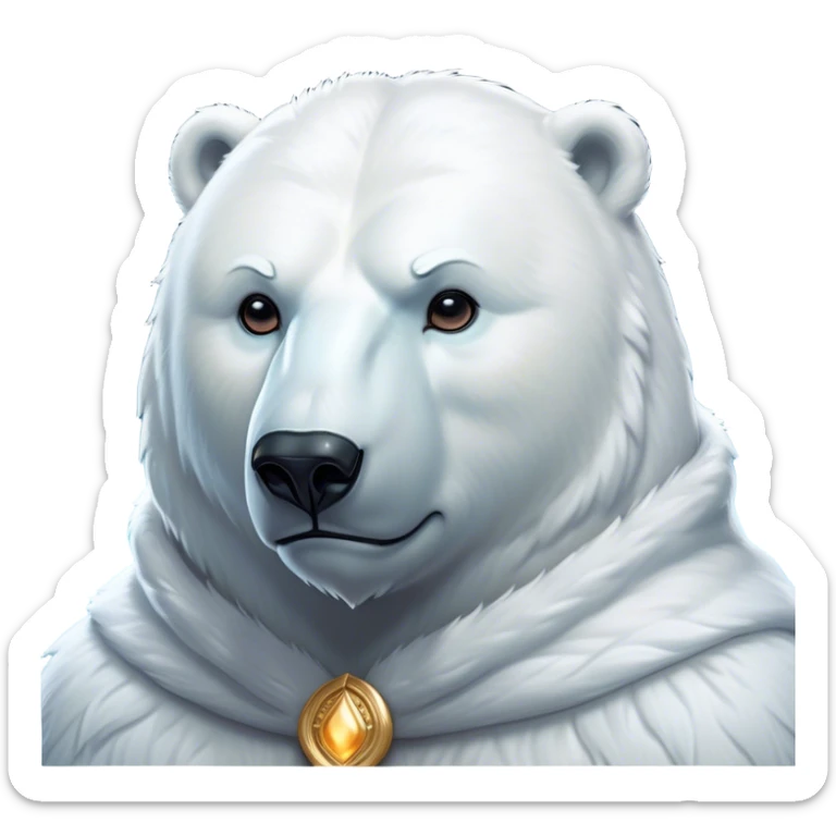 Cinematic Noble Polar Bear Portrait Emoji, Poised and regal, with a strong, muscular build cloaked in thick, snowy fur and piercing, determined eyes, Simplified yet sharp and sophisticated features, highly detailed, glowing with a soft, dignified polar glow, high shine, intelligent and majestic, stylized with an air of arctic authority, focused and commanding, soft glowing outline, capturing the essence of a watchful and confident guardian that feels as though it could step out of the screen with effortless authority! sticker