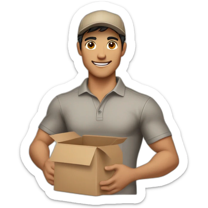 Tan skinned fit Man with black hair in a brown cap, gray jeans and beige polo T-shirt keeping a pasted box into his hands sticker