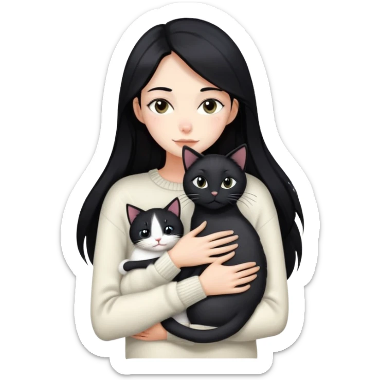 Beautiful skinny woman long dark black hair in sweater hug black white cat sticker