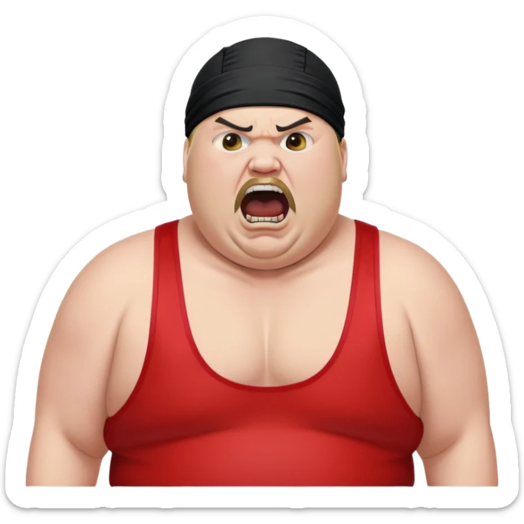 Extreme close-up of face of morbidly obese white skin guy with young face, prominent BLACK DURAG tied clearly on head, black beard but no mustache, clean shaven upper lip, black eyes in a red and black wrestling singlet with mouth wide open screaming angrily sticker