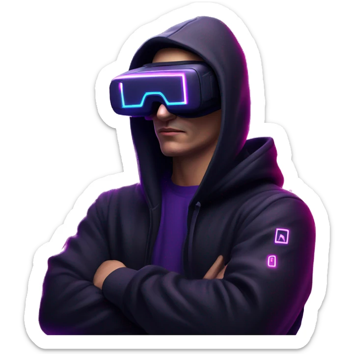 Russian man wearing a black hoodie with "OMG" letters on it and VR headset in a cyberpunk VR environment with violet neon lighting. sticker