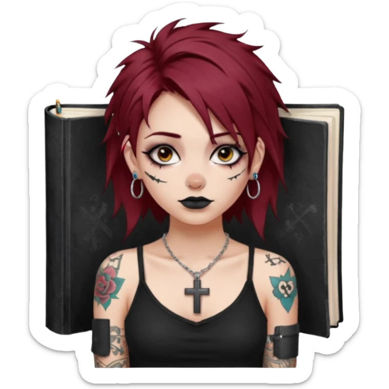 generate an ios genmoji of a girl with dark red messy hair with eyeliner on her eyes.  septum piercing, wearing a cami black top, has tattoos, on shoulders. ear piercings. wearing a cross silver necklace. Holding an overfilled sketchbook sticker