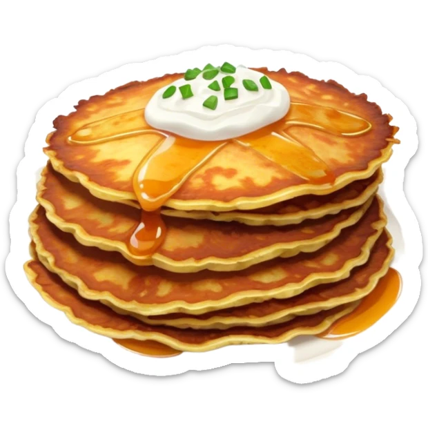 Cinematic Realistic Placki Ziemniaczane Dish Emoji, depicted as crispy potato pancakes served with sour cream rendered with vivid textures and warm, appetizing lighting. sticker