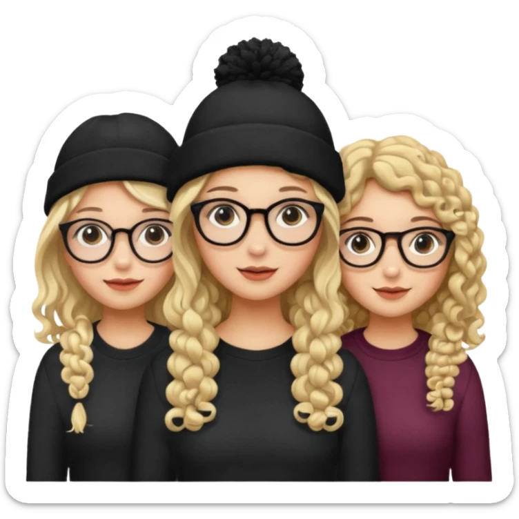 3 girl friends, one with glasses and blonde hair, one with curly dark hair and one with a black beanie sticker
