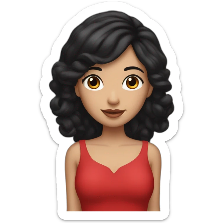 A girl with black hair and brown eyes, with long eyelashes, a loose red dress and red and black pants with star earrings. sticker