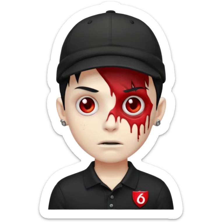zombie boy emoji with black emo hair and piercing, black polo shirt with Lyon logo, red cap with number 9 sticker