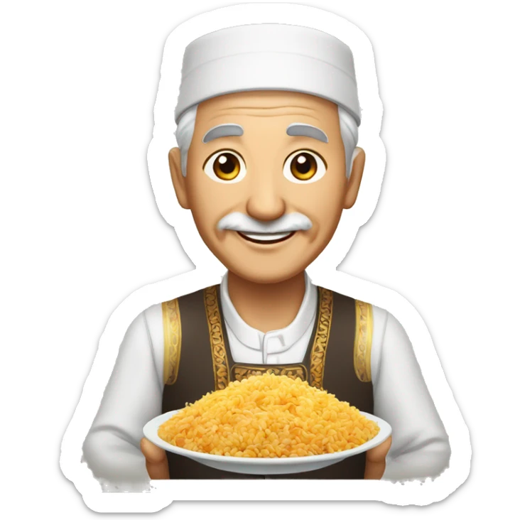 smiling uzbek old man with national outfit chapon serving pilaf sticker