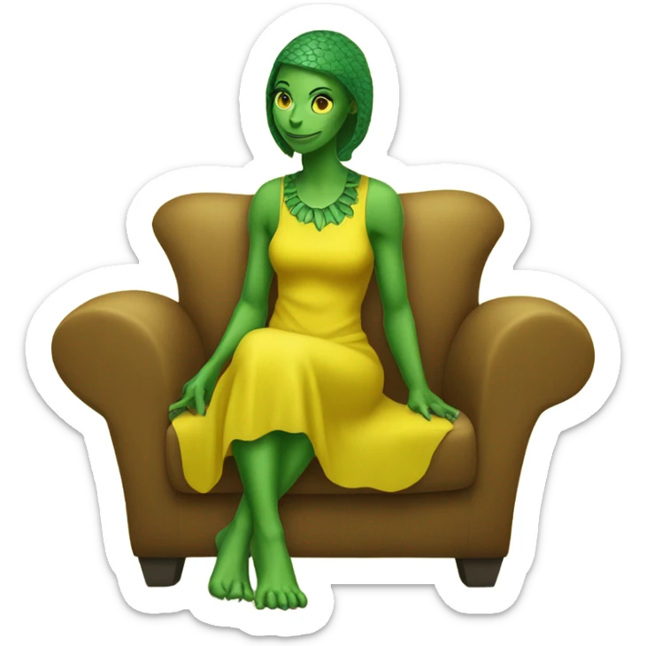 alien reptilian woman in jellow dress, sitting on a couch  sticker
