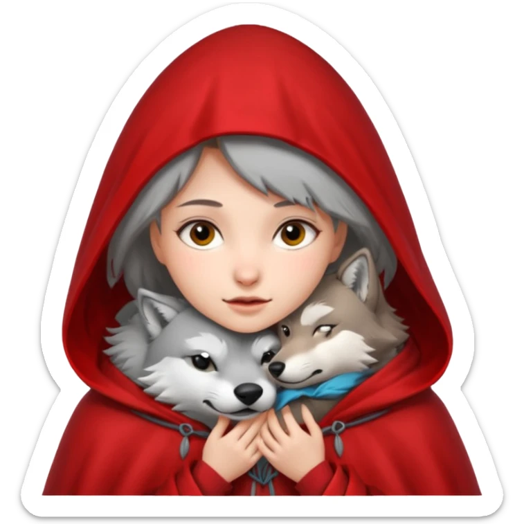 Niña del cuento de caperucita roja acariciando la cabeza de un lobo macho sticker