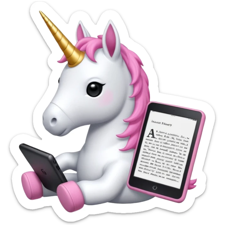 Unicorno peluche bianco con corno rosa brillantato con sulla testa un paio di cuffie e un Amazon Kindle in mano sticker