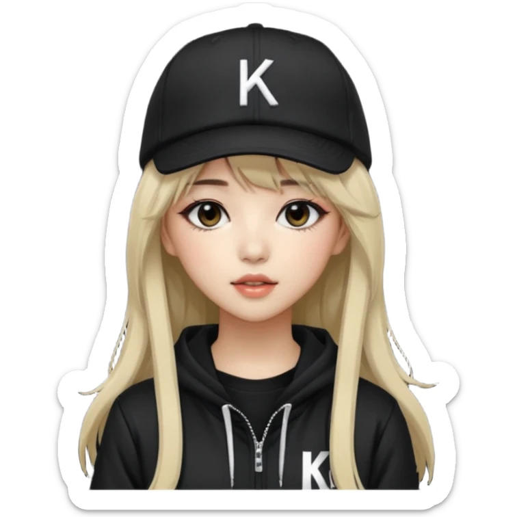 Portrait of a female K-pop idol, wearing a stylish streetwear outfit with layered clothing, long hair with bangs, makeup, wearing a black cap sticker