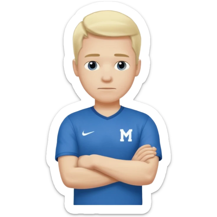 Pale blond man in blue football t shirt crossed arms from cold sticker