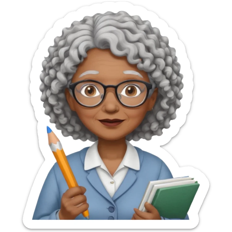 old woman teacher, brown skin, curly grey white hai, wearing glasses, hold chalk on hand sticker