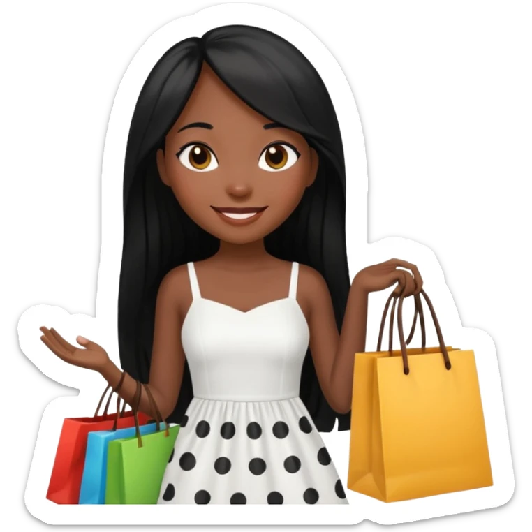 black girl with long straight hair and white dress with black dots holding shopping bags  sticker