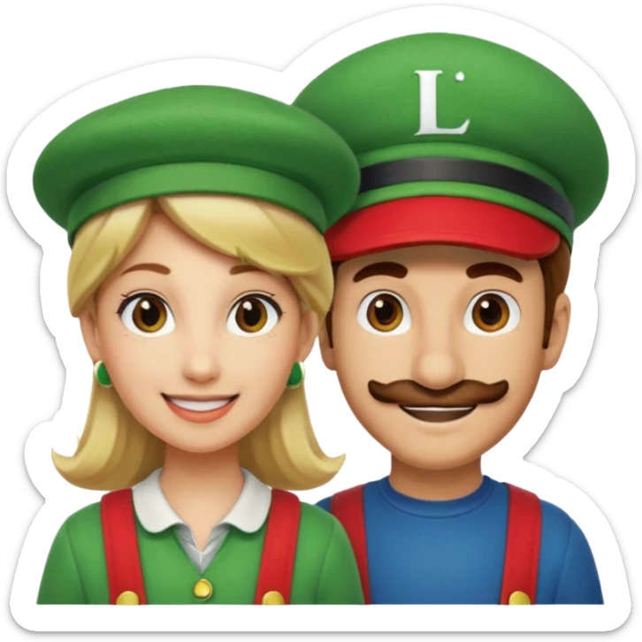 blonde female Luigi (with the Luigi green hat with an L on it) and a normal brown hair male Mario with the red hat with a M on it. They are friends just smiling sticker