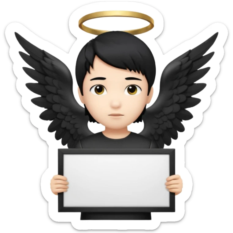 Asian Boy Angel with black hair black eyes black halo and black wings holding a large blank sign sticker