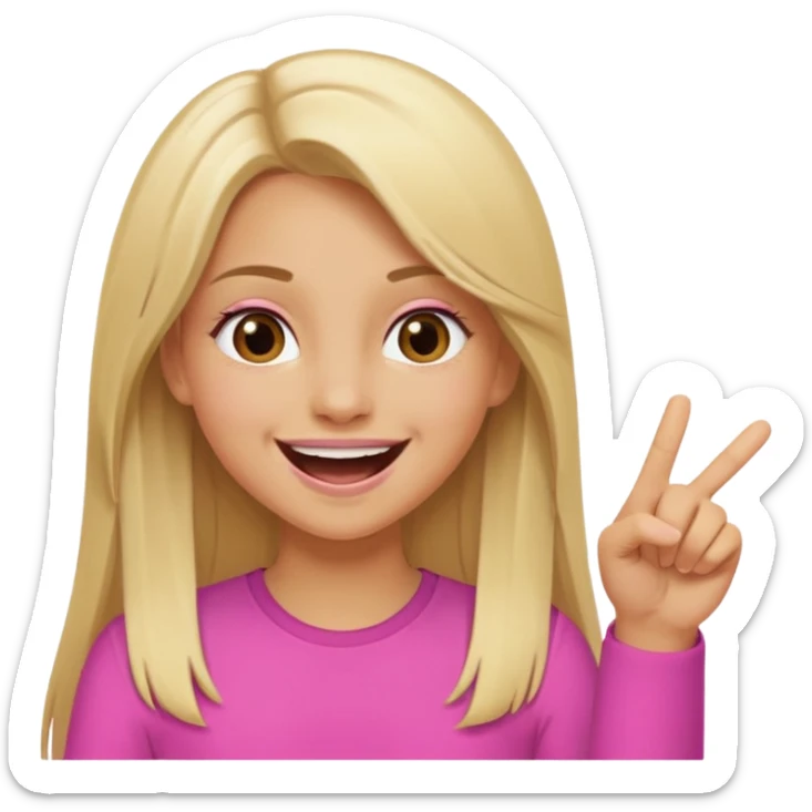 blonde tan girl with long straight hair brown eyes laughing and pointing straight wearing pink  sticker