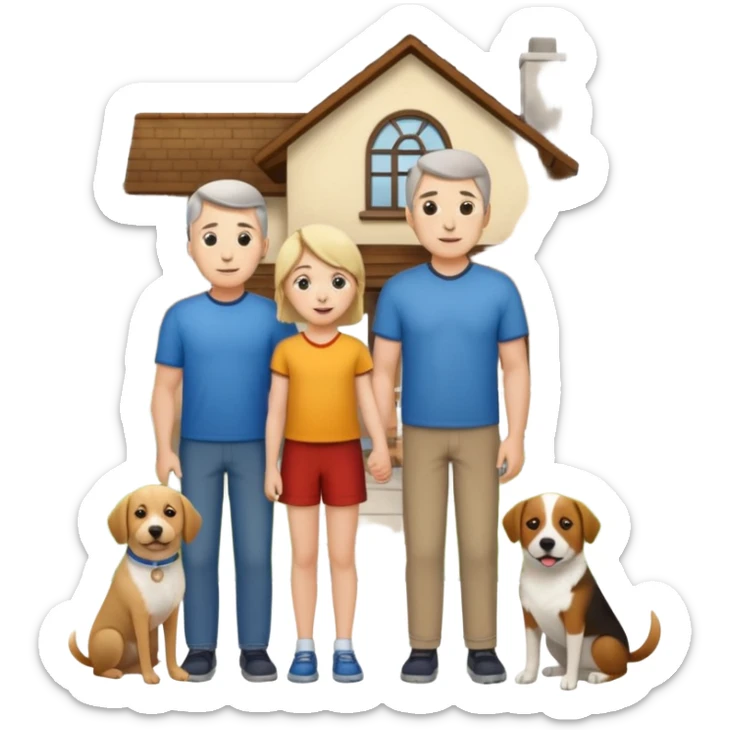 1 Father 1 Mother and 1 young boy who is half as tall as the parents, standing in front of their house with a dog next to them. Everyone should look VERY happy sticker