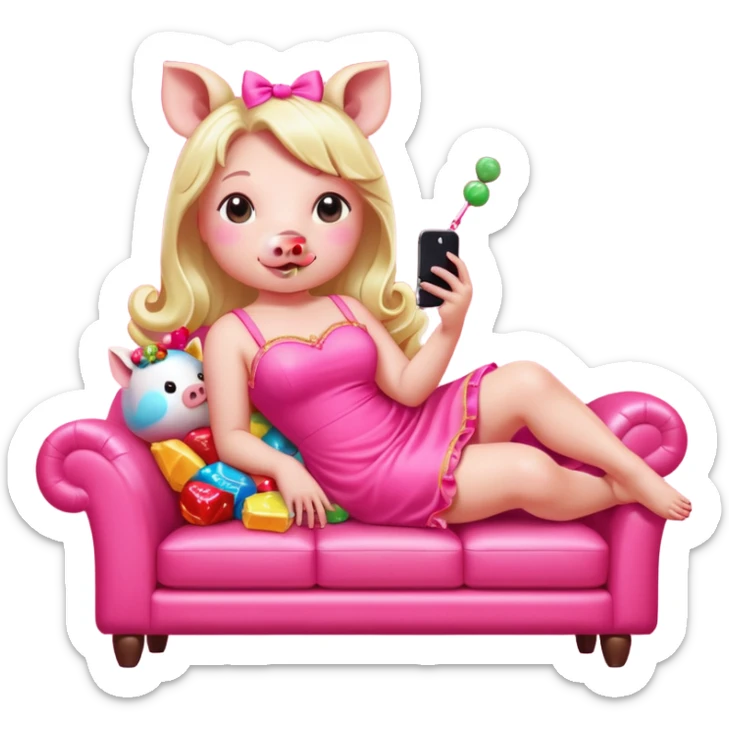 lady pig in neon pink kawaii dress reclining on couch scrolling on an iphone and eating candy in opulence  sticker