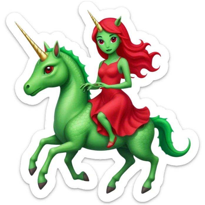 "reptilian green alien woman in red dress", rides unicorn
 sticker
