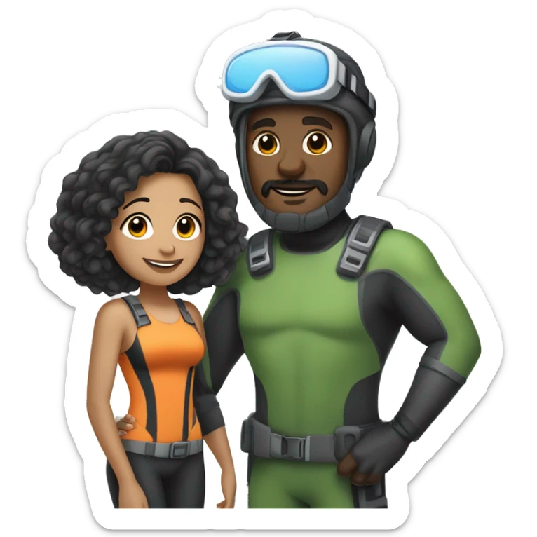 40 year old woman with light brown skin and short curly black hair, holding the hand of a 50 year old white man with short gray hair, both people dressed in snorkel gear sticker