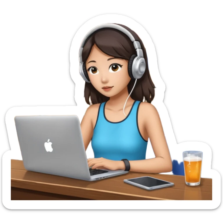 A Korean girl at a dive bar with a laptop and headphones watchin a korean drama sticker