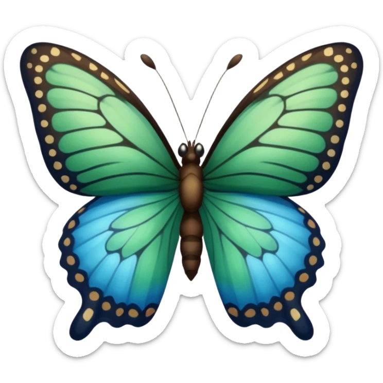 A butterfly with blue edges, green wings, and a black body, Between the wings brown  sticker