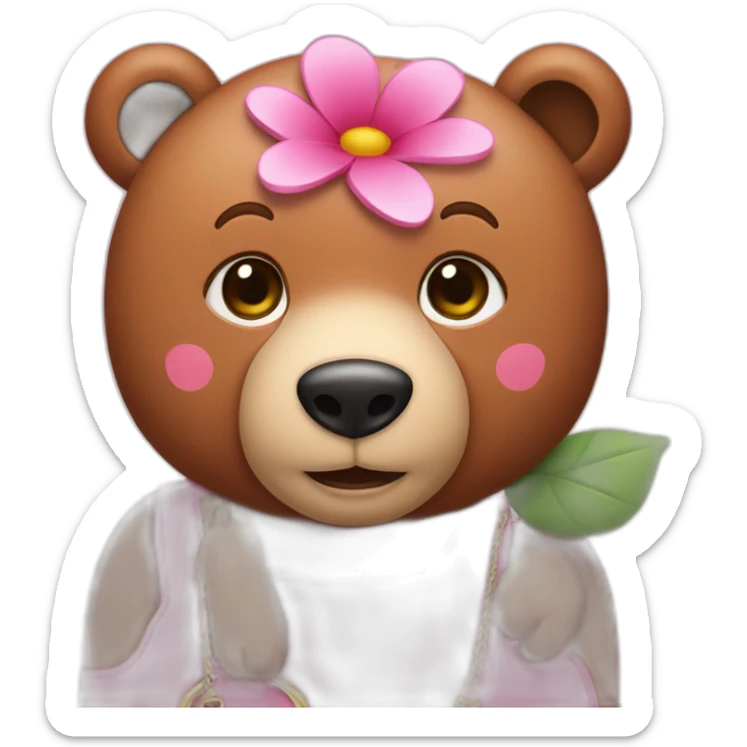 A large pink bear with a pink flower on its head and a brown handbag sticker